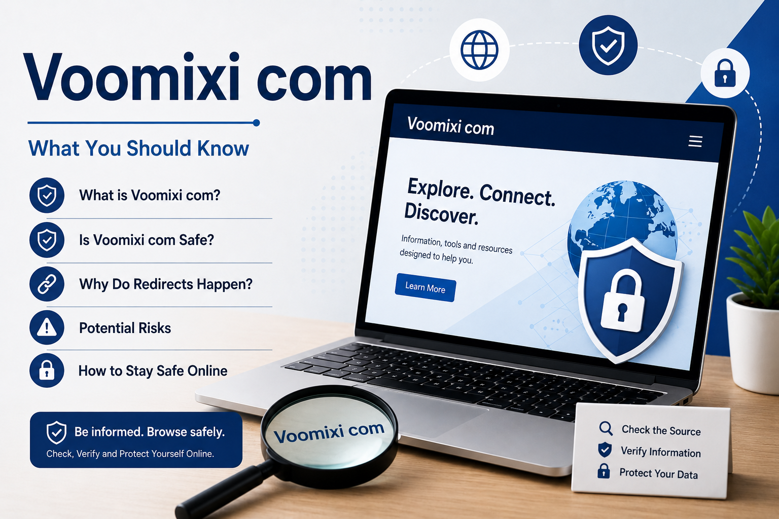 Illustration of Voomixi com review featuring website security, online safety, redirects, and trust evaluation for internet users.