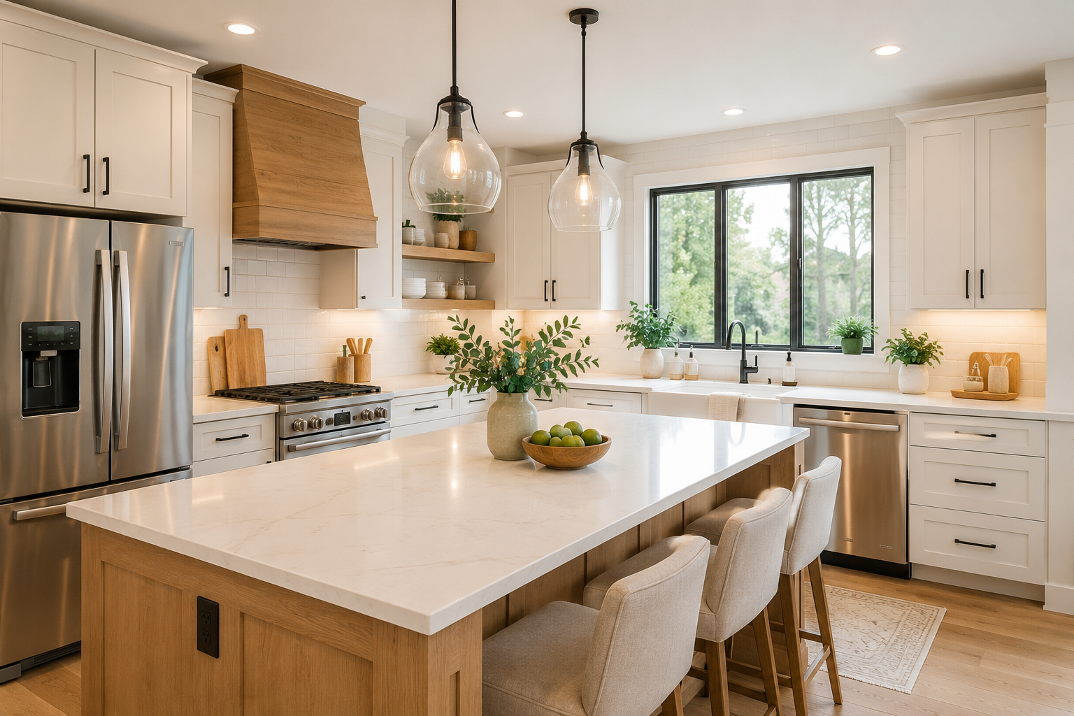 Modern white kitchen with quartz countertops, wood accents, pendant lighting, and stainless steel appliances showcasing smart kitchen upgrading ideas.