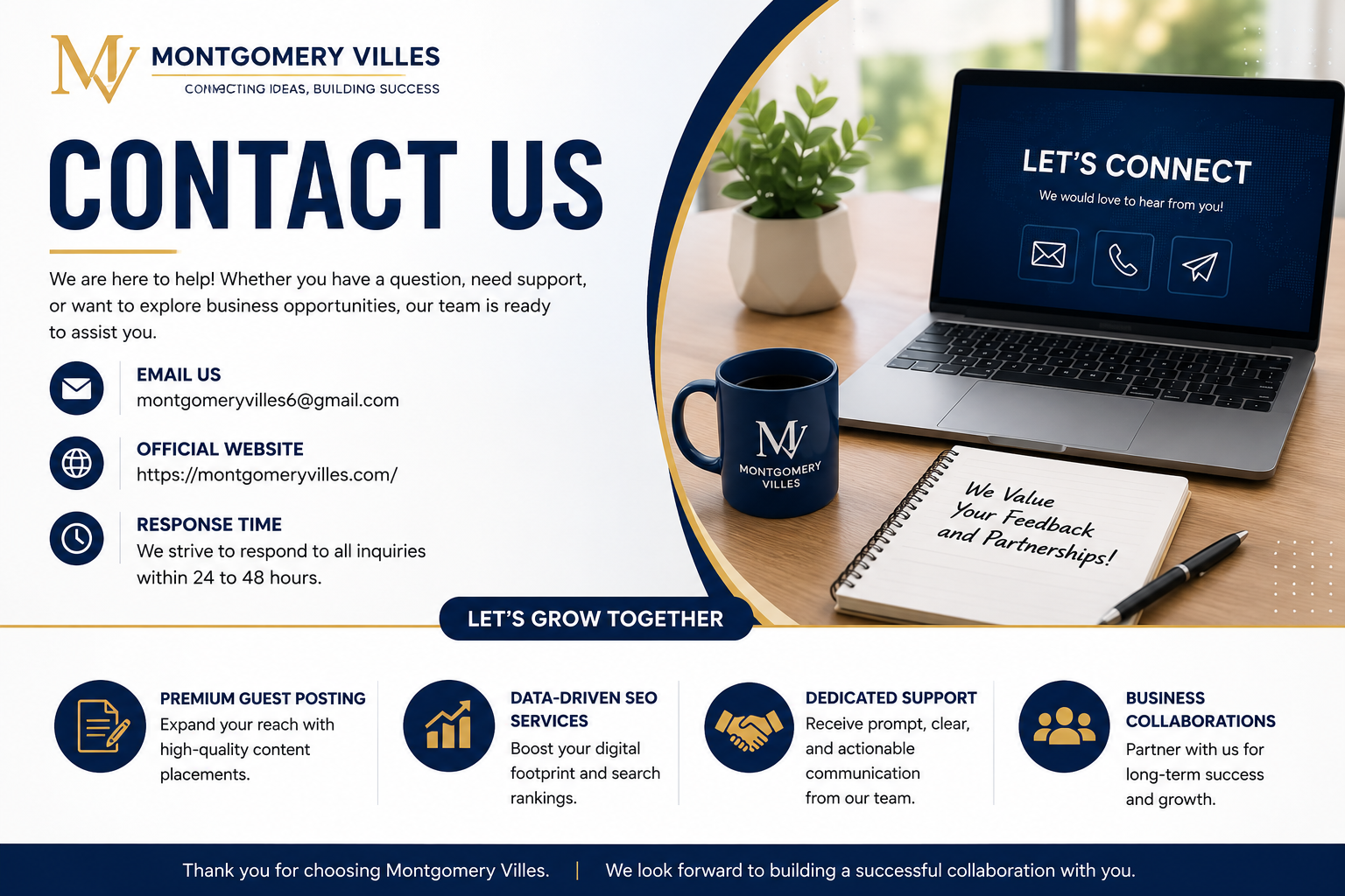 Professional Contact Us banner for Montgomery Villes featuring email support, business partnerships, guest posting, SEO services, and customer assistance.