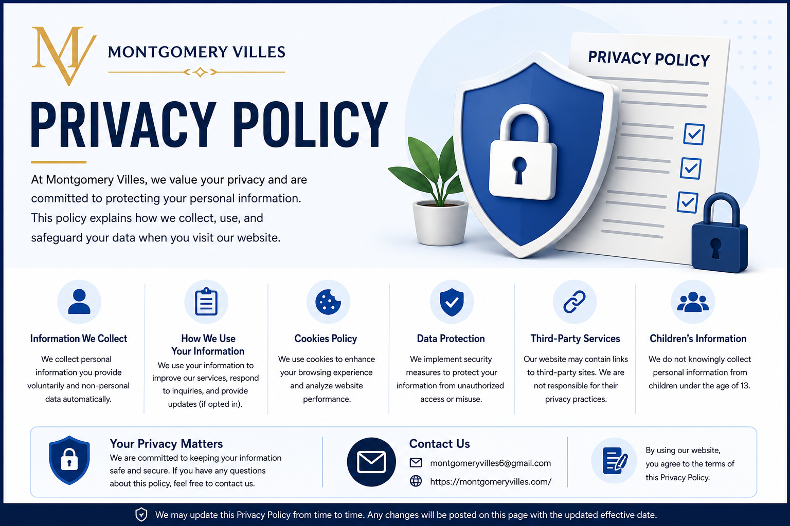 Privacy Policy illustration for Montgomery Villes featuring data protection, website security, cookies policy, and user privacy information.